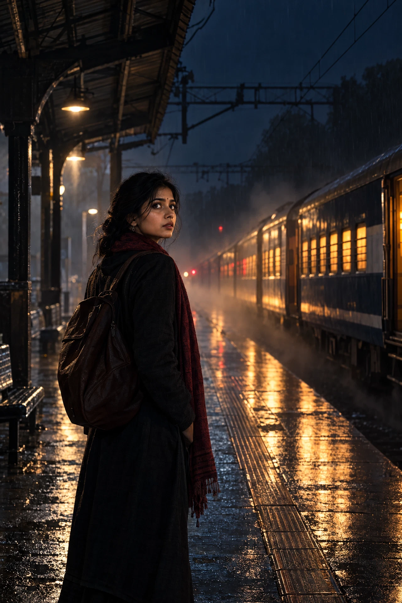 Indian woman waiting at a railway platform at night